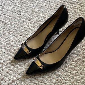 Black Leather Pointed-Toe Pumps with Gold Accent